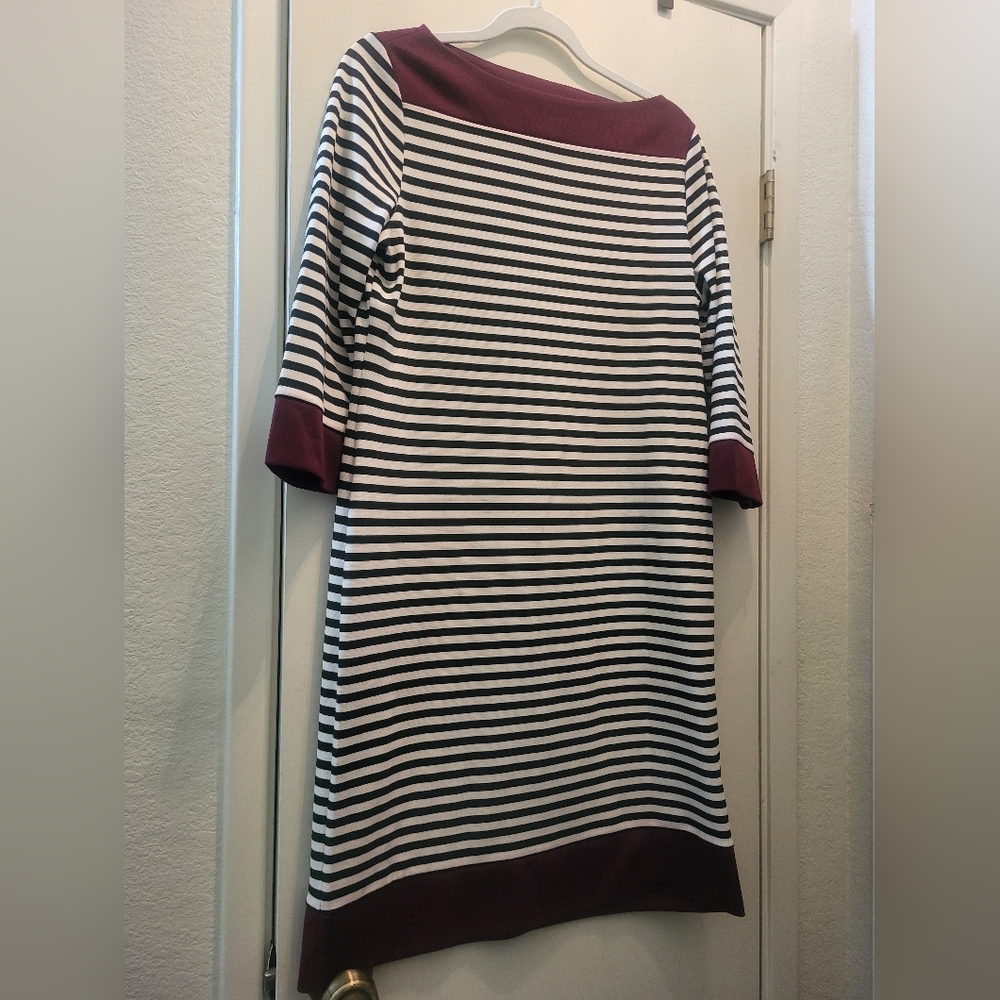 Isaac Mizrahi Striped Black and White Dress with Maroon Accents